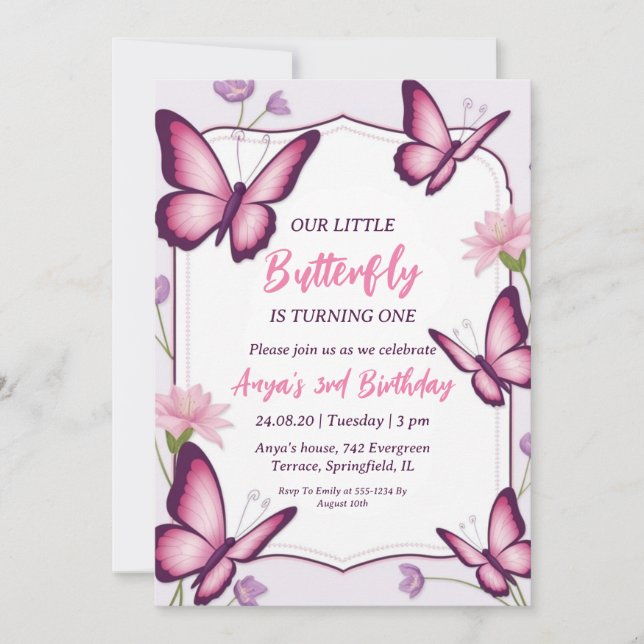 pink and purple butterfly birthday invitations (Front)