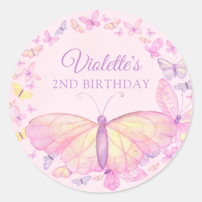 Pink and Purple Butterfly Birthday Party Classic Round Sticker (Front)