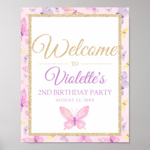 Pink and Purple Butterfly Birthday Party Welcome Poster