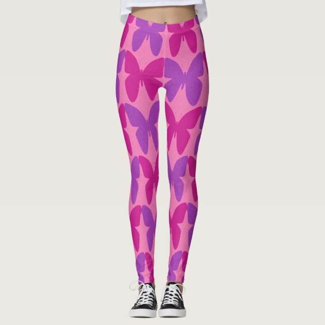 Pink and purple butterfly pattern leggings (Front)