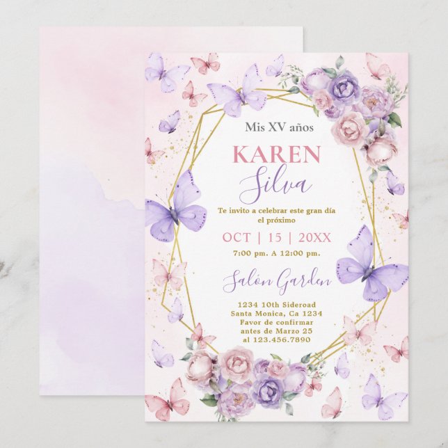 Pink and Purple Butterfly Quinceañera Invitation (Front/Back)