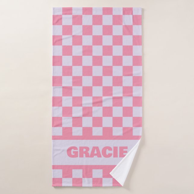 Pink and Purple Chequerboard Custom Name Towel (Bath Towel)