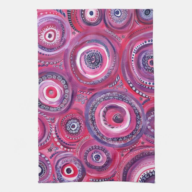 Pink and Purple Circles and Swirls Original Art Kitchen Towel (Vertical)