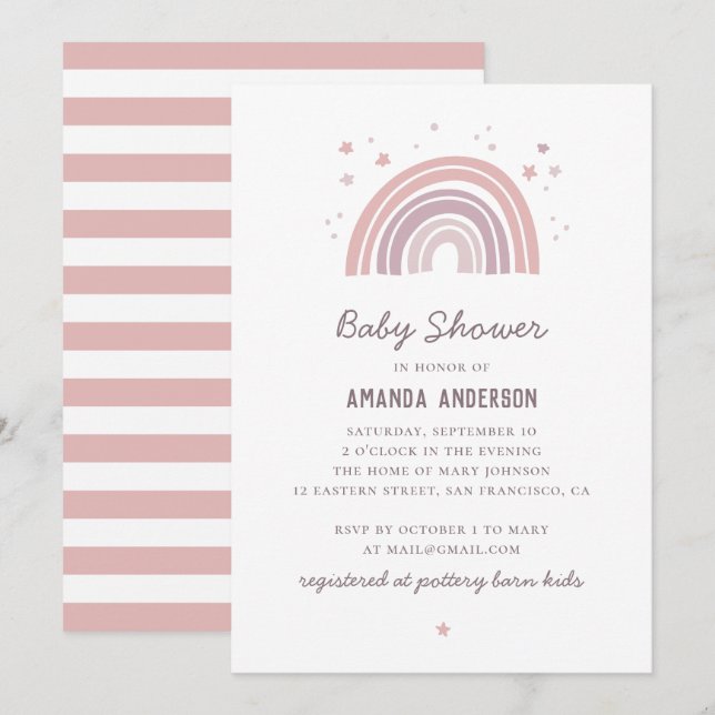 Pink and purple cute pastel rainbow baby shower invitation (Front/Back)