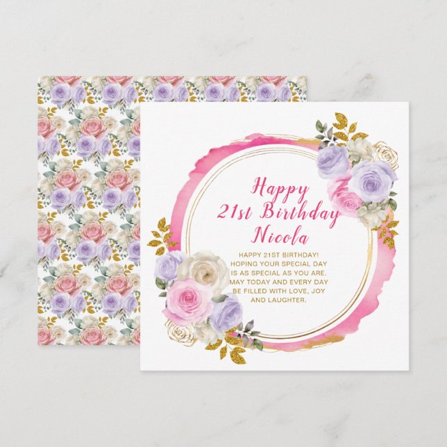 Pink and Purple Elegant Flowers Birthday  Card (Front/Back)