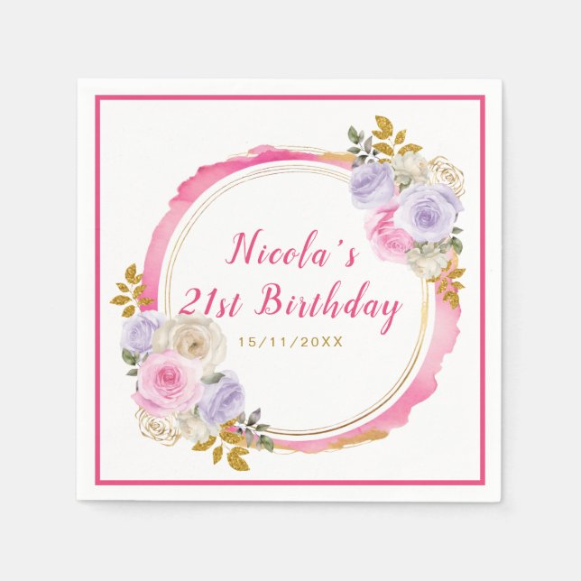 Pink and Purple Elegant Flowers Birthday  Napkin (Front)