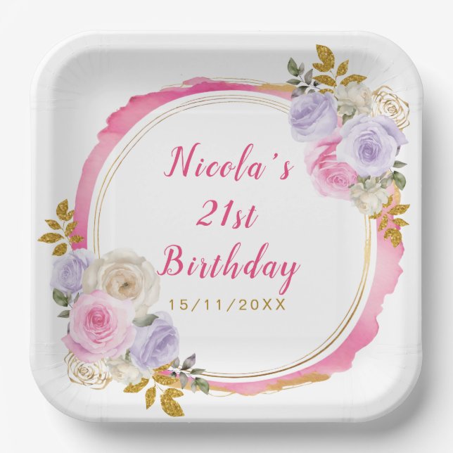 Pink and Purple Elegant Flowers Birthday Party Paper Plate (Front)