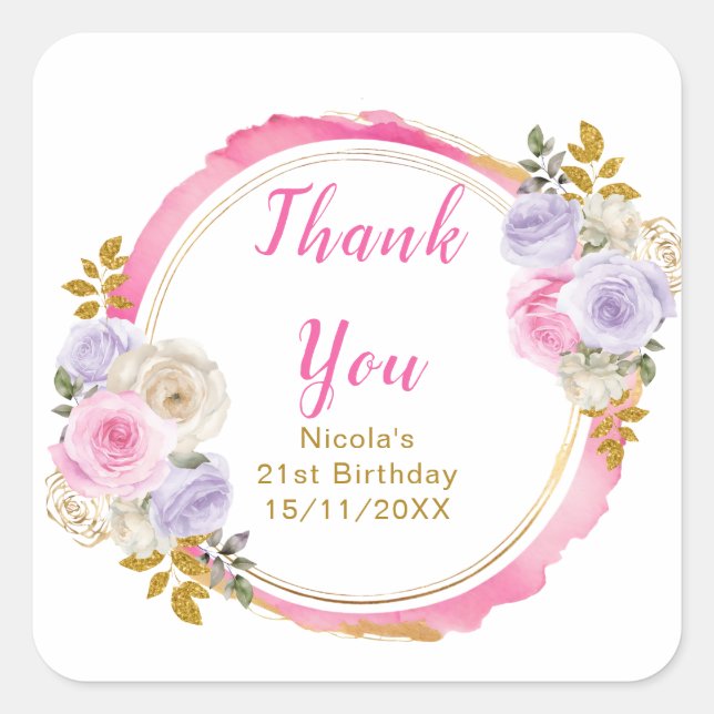 Pink and Purple Elegant Flowers Birthday Party Square Sticker (Front)