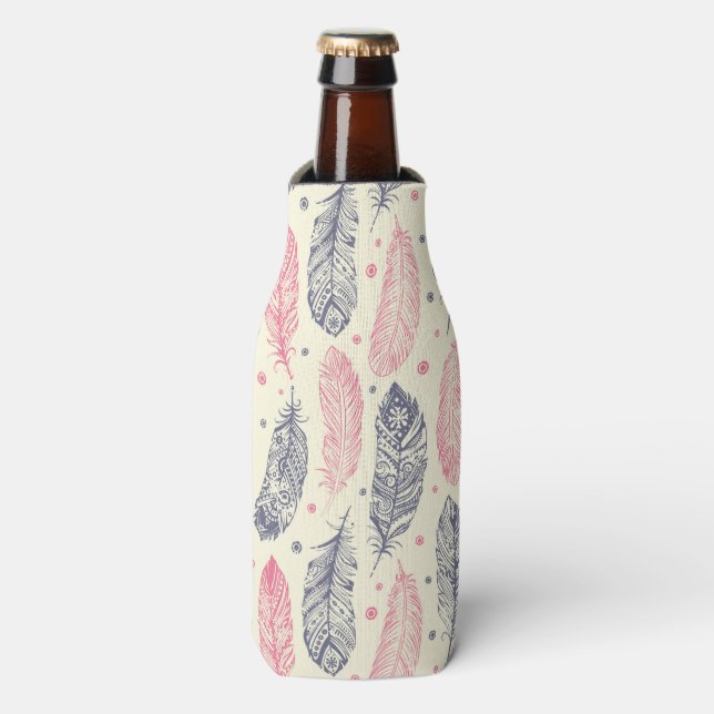 Pink And Purple Ethnic Feather Pattern Bottle Cooler (Bottle Front)