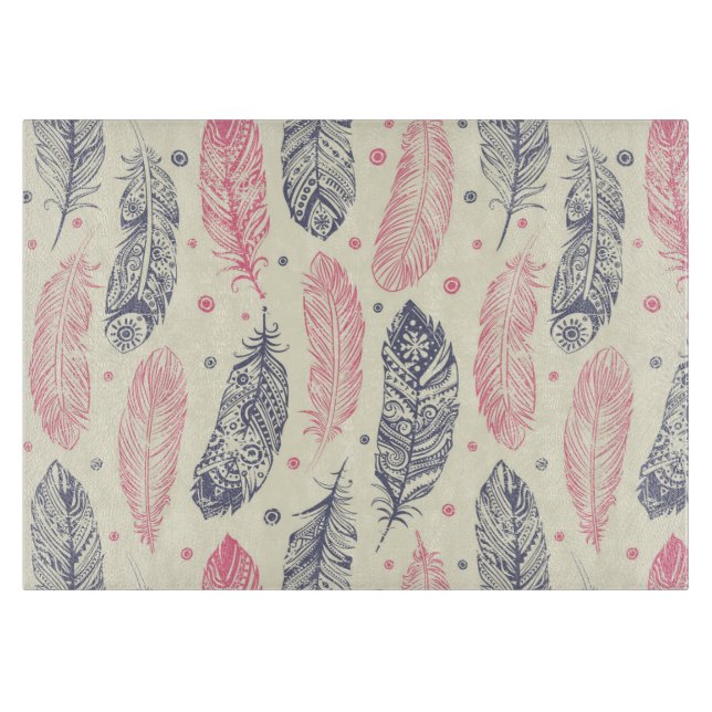 Pink And Purple Ethnic Feather Pattern Cutting Board (Front)