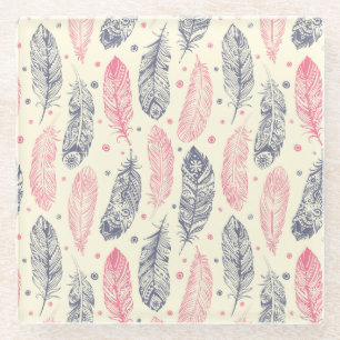 Pink And Purple Ethnic Feather Pattern Glass Coaster