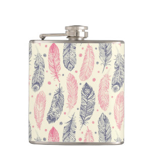 Pink And Purple Ethnic Feather Pattern Hip Flask