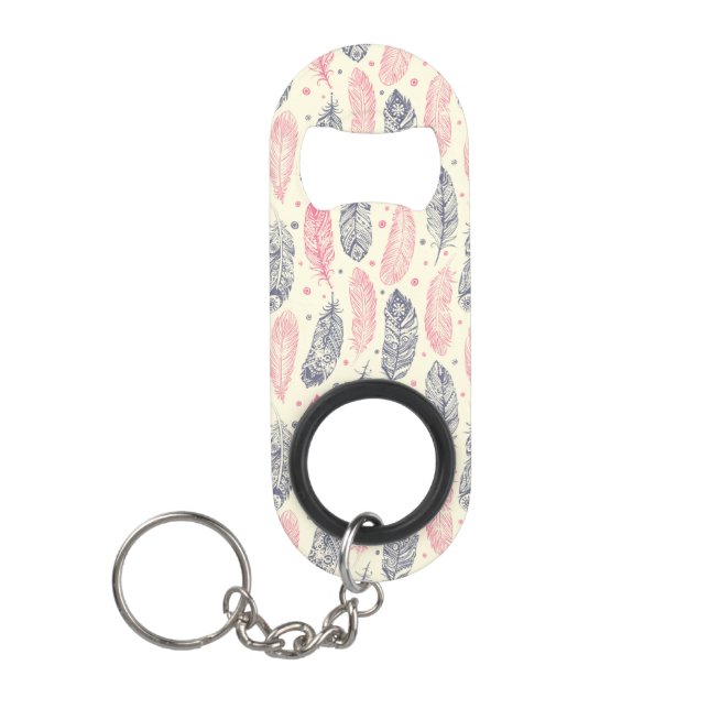 Pink And Purple Ethnic Feather Pattern Mini Bottle Opener (Front)