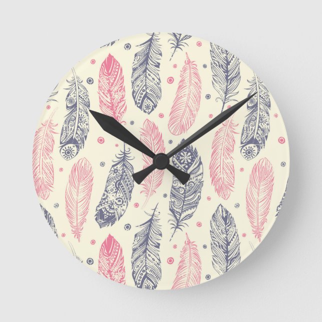 Pink And Purple Ethnic Feather Pattern Round Clock (Front)