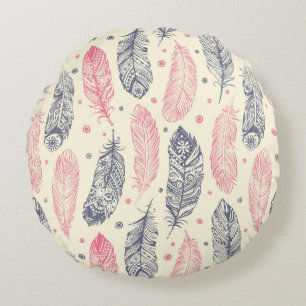 Pink And Purple Ethnic Feather Pattern Round Pillow