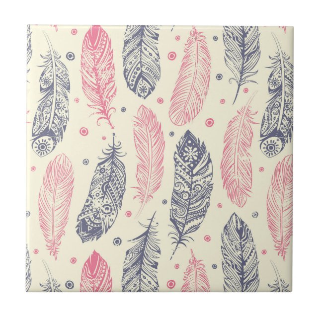 Pink And Purple Ethnic Feather Pattern Tile (Front)
