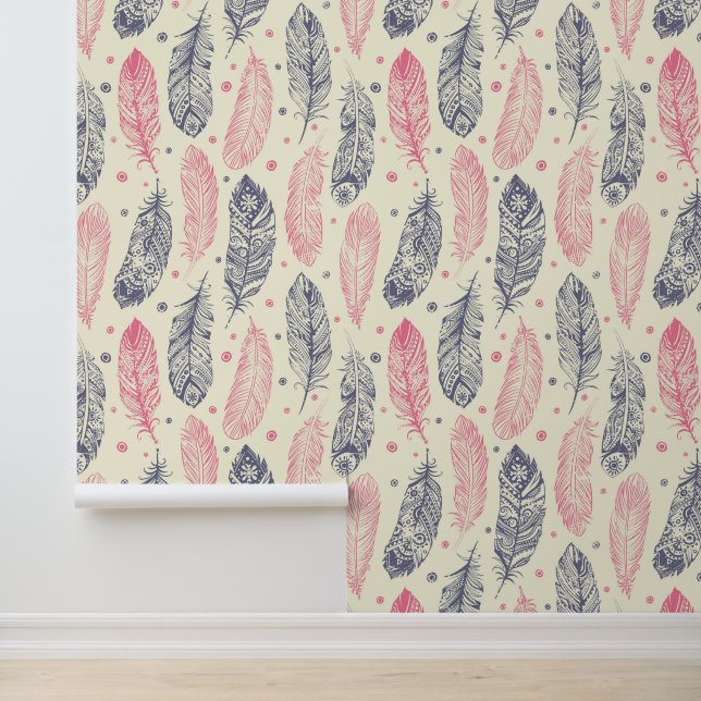 Pink And Purple Ethnic Feather Pattern Wallpaper (Application)