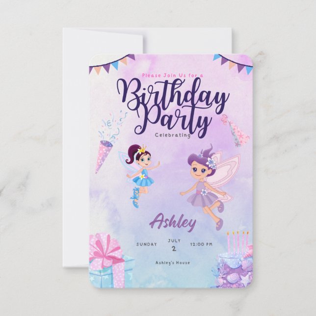 Pink and Purple fairies Kids Birthday Customize  Save The Date (Front)