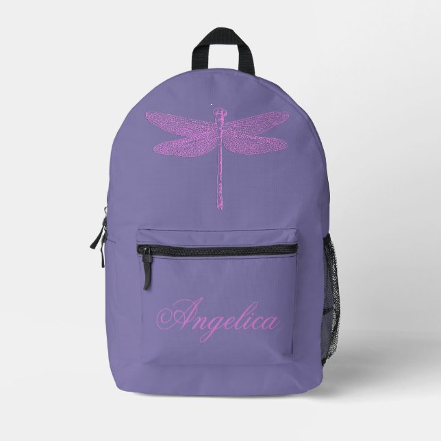 Pink and Purple Fantasy Dragonfly Personalize Printed Backpack (Front)