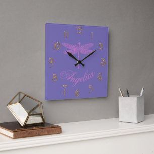 Pink and Purple Fantasy Dragonfly Square Wall Clock