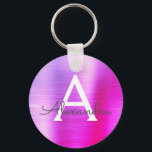 Pink and Purple Faux Stainless Steel Monogram Keychain<br><div class="desc">Hot Pink and Purple Ombre Faux Stainless Steel Metallic Elegant Keychain. These Keychains can be customized to include your initial and first name. These key chains make great birthday,  bridal shower or bachelorette party favours.</div>