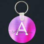 Pink and Purple Faux Stainless Steel Monogram Keychain<br><div class="desc">Hot Pink and Purple Ombre Faux Stainless Steel Metallic Elegant Keychain. These Keychains can be customized to include your initial and first name. These key chains make great birthday,  bridal shower or bachelorette party favours.</div>
