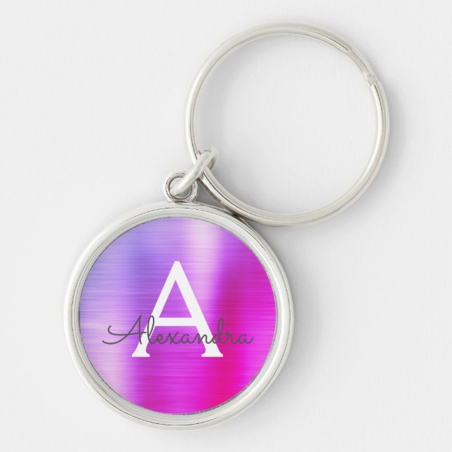 Pink and Purple Faux Stainless Steel Monogram Keychain (Front)