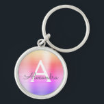 Pink and Purple Faux Stainless Steel Monogram Keychain<br><div class="desc">Pastel Pink,  Orange and Purple Ombre Faux Stainless Steel Metallic Elegant Keychain. These Keychains can be customized to include your initial and first name. These key chains make great birthday,  bridal shower or bachelorette party favours.</div>