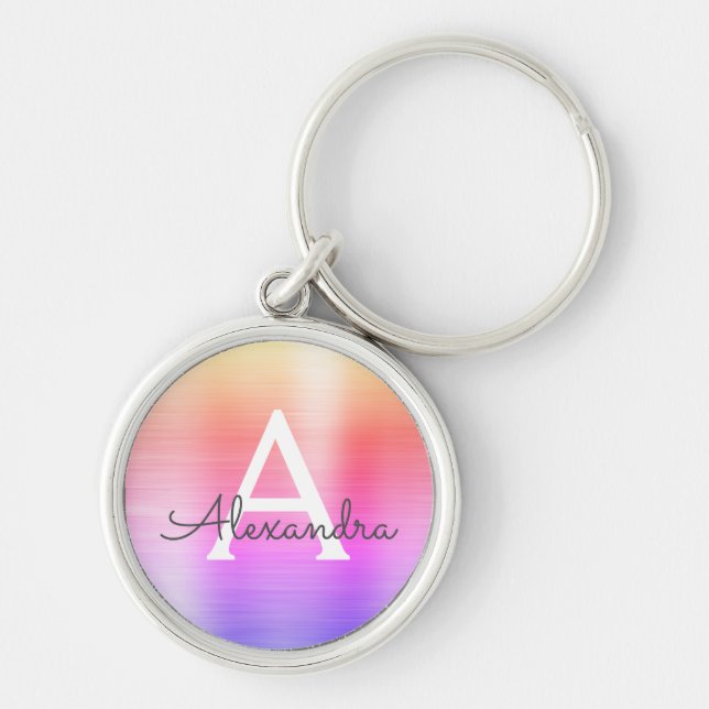 Pink and Purple Faux Stainless Steel Monogram Keychain (Front)