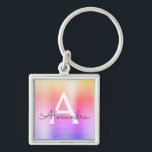 Pink and Purple Faux Stainless Steel Monogram Keychain<br><div class="desc">Pastel Pink,  Orange and Purple Ombre Faux Stainless Steel Metallic Elegant Keychain. These Keychains can be customized to include your initial and first name. These key chains make great birthday,  bridal shower or bachelorette party favours.</div>