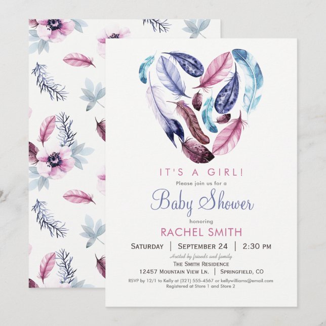 Pink and Purple Feathers Baby Shower Invitation (Front/Back)