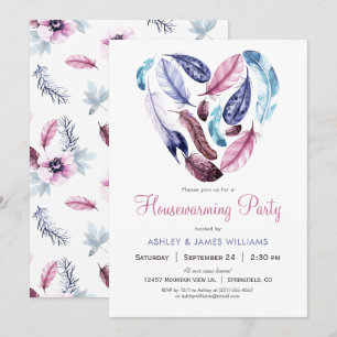 Pink and Purple Feathers Housewarming Party Invitation