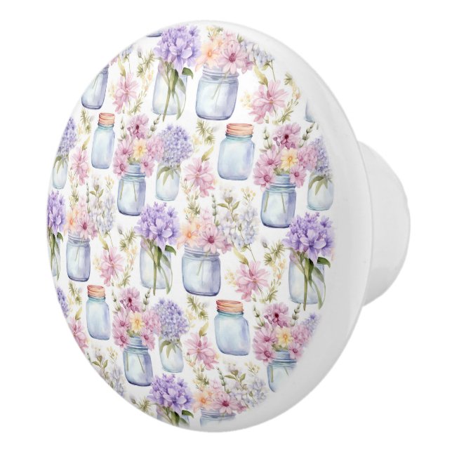 Pink and Purple Floral and Mason Jars  Ceramic Knob (Right)