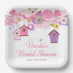 Pink and Purple Floral Bird Cages Bridal Shower Paper Plate
