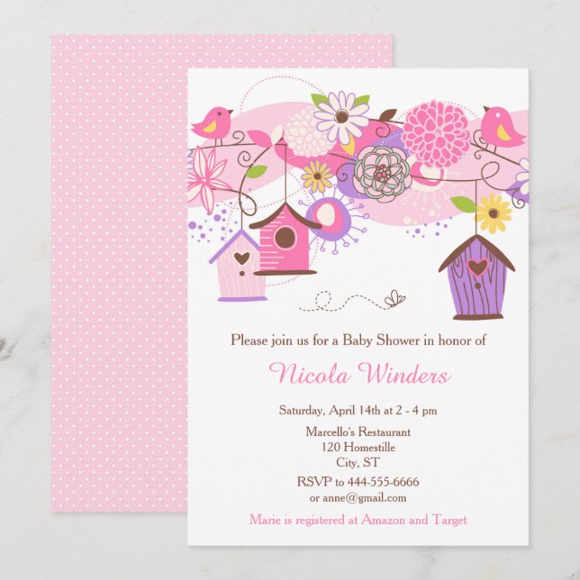 Pink and Purple Floral Bird Houses Baby Shower Invitation (Front/Back)