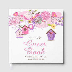 Pink and Purple Floral Bird Houses Bridal Shower Guest Book