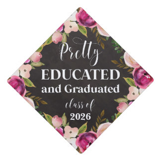Pink and Purple Floral Chalkboard Pretty Educated Graduation Cap Topper
