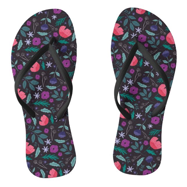 Pink and Purple Floral Illustration Pattern Flip Flops (Footbed)