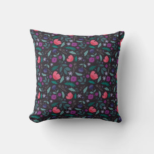 Pink and Purple Floral Illustration Pattern Throw Pillow
