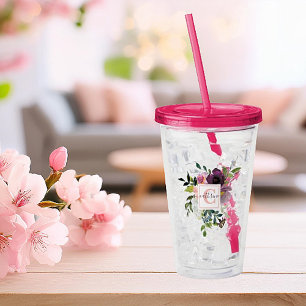 Pink and purple floral personalized acrylic tumbler
