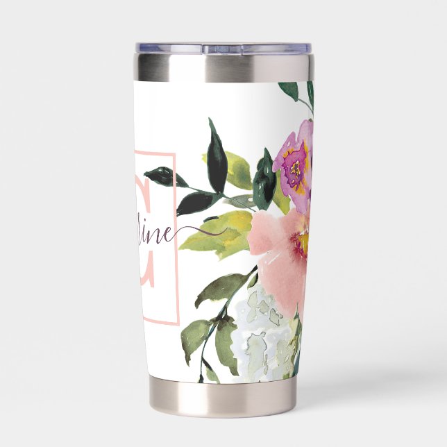 Pink and purple floral personalized  insulated tumbler (Back)