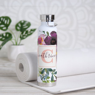 Pink and purple floral personalized water bottle