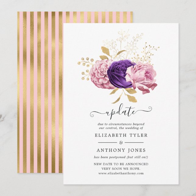 Pink and Purple Floral Postponed Wedding Update Invitation (Front/Back)
