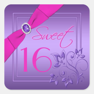 Pink and Purple Floral  Sweet 16 Square Sticker