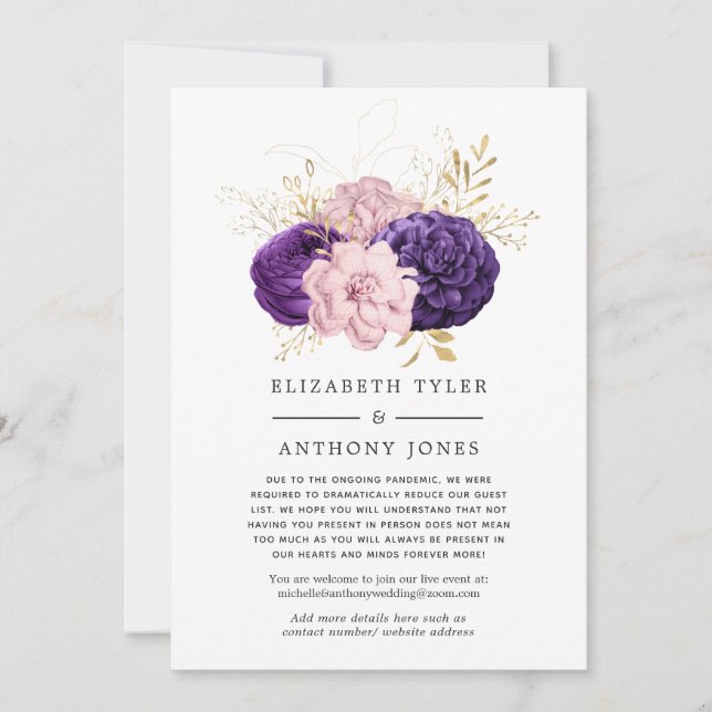 Pink and Purple Floral Wedding Reduced Guest List Announcement (Front)