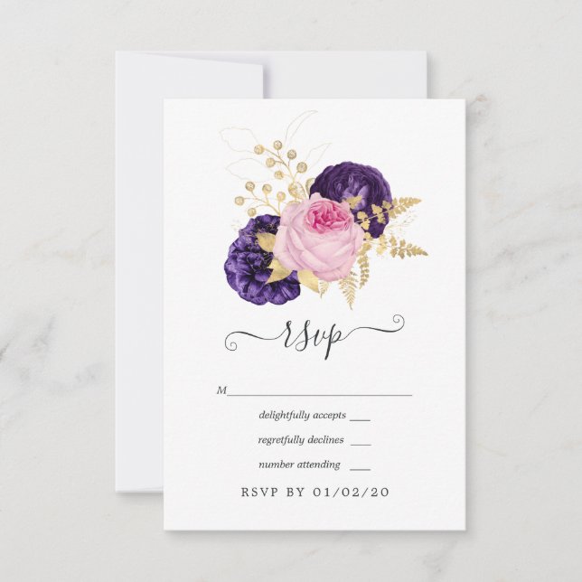 Pink and Purple Floral Wedding RSVP Card (Front)