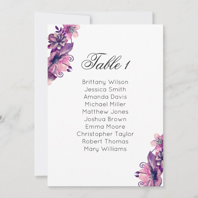 Pink and purple floral wedding seating chart invitation (Front)