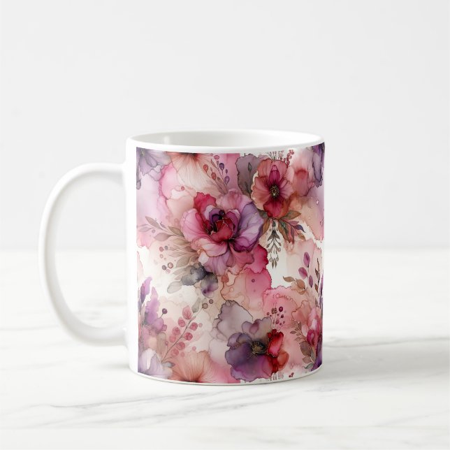 Pink and Purple Flowers Alcohol Ink Illustration Coffee Mug (Left)