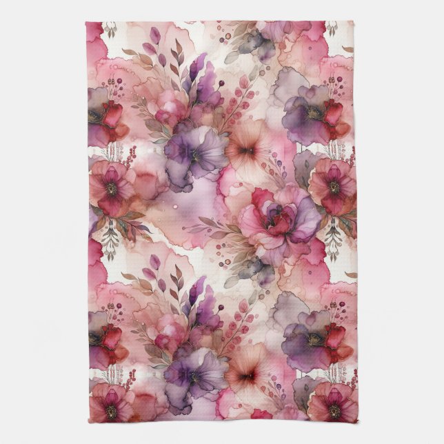 Pink and Purple Flowers Alcohol Ink Illustration  Kitchen Towel (Vertical)