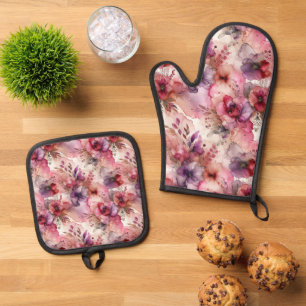 Pink and Purple Flowers Alcohol Ink Illustration Oven Mitt & Pot Holder Set